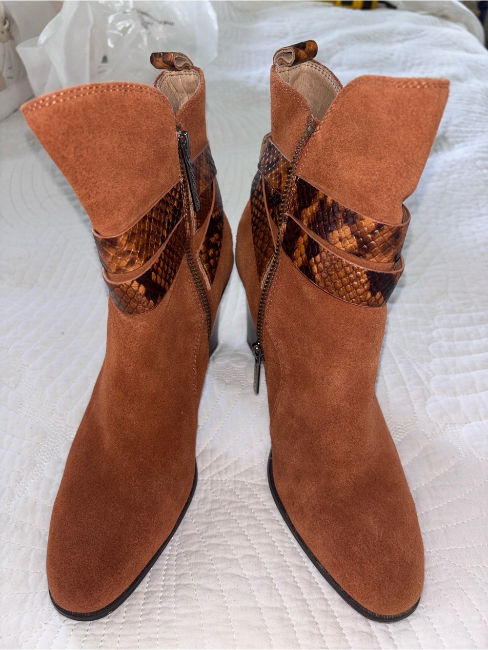 Donald J. Pliner Suede Ankle Boots in Rust with Snake-Print Strap - Picture 6 of 9